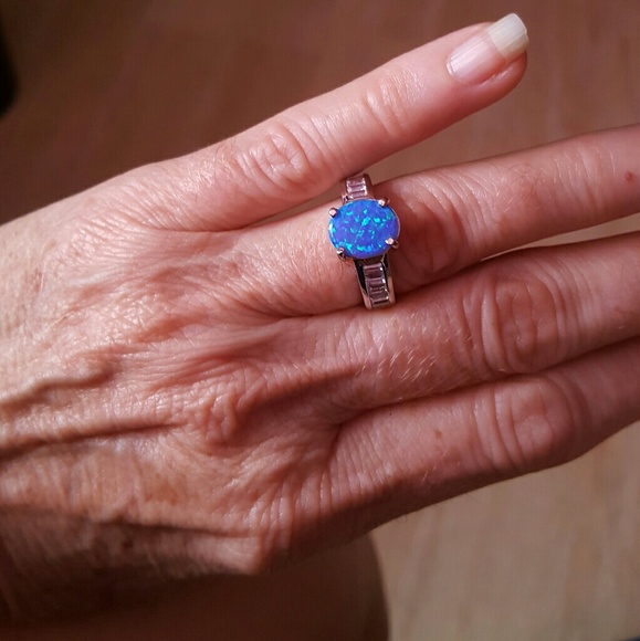 Lab Created Opal, White CZ Ring in Silvertone - Picture 2 of 4